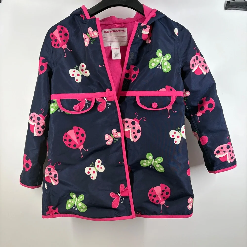 Y2K 2009 Gymboree Kidcore Ladybug Butterfly Raincoat Pink Trim